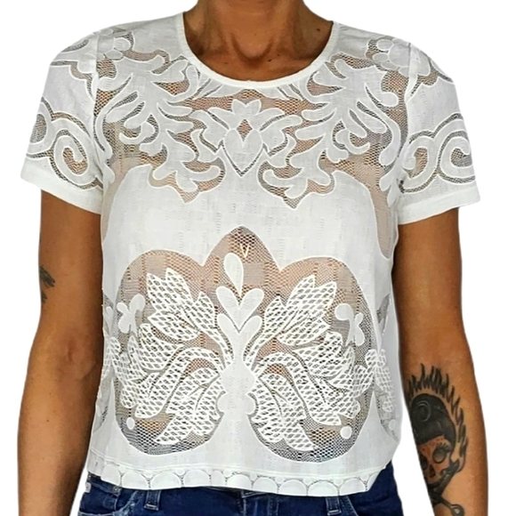 Acemi Lace Top Size Small White Short Sleeve - Picture 1 of 5
